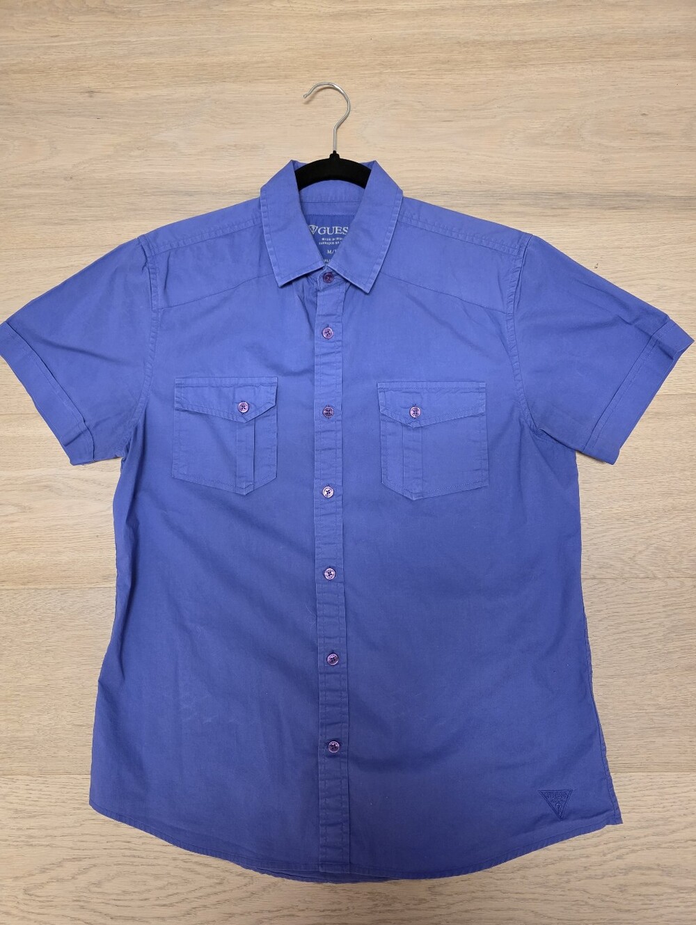 Guess Short Sleeve Button Down Shirt Slim Fit in Purple Blue M